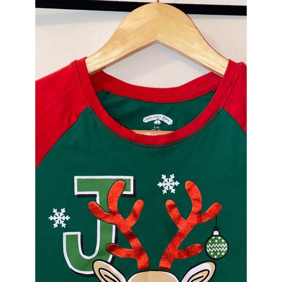 Holiday Time Christmas Raglan Shirt Reindeer Joy Graphic Red & Green Size 10/12 - Picture 3 of 7